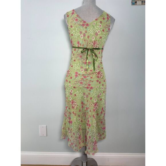 Rare Vintage Y2k Graffiti New York Chic Chiffon Green Floral Midi Dress size XS - Picture 2 of 7